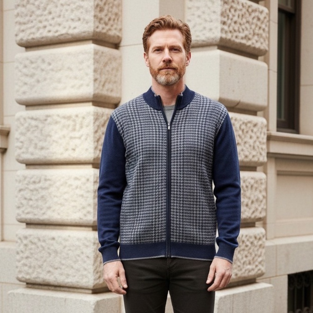 Geoffrey Beene Mens XL Full Zip Sweater Navy Blue Houndstooth‎ Mock Neck Knit